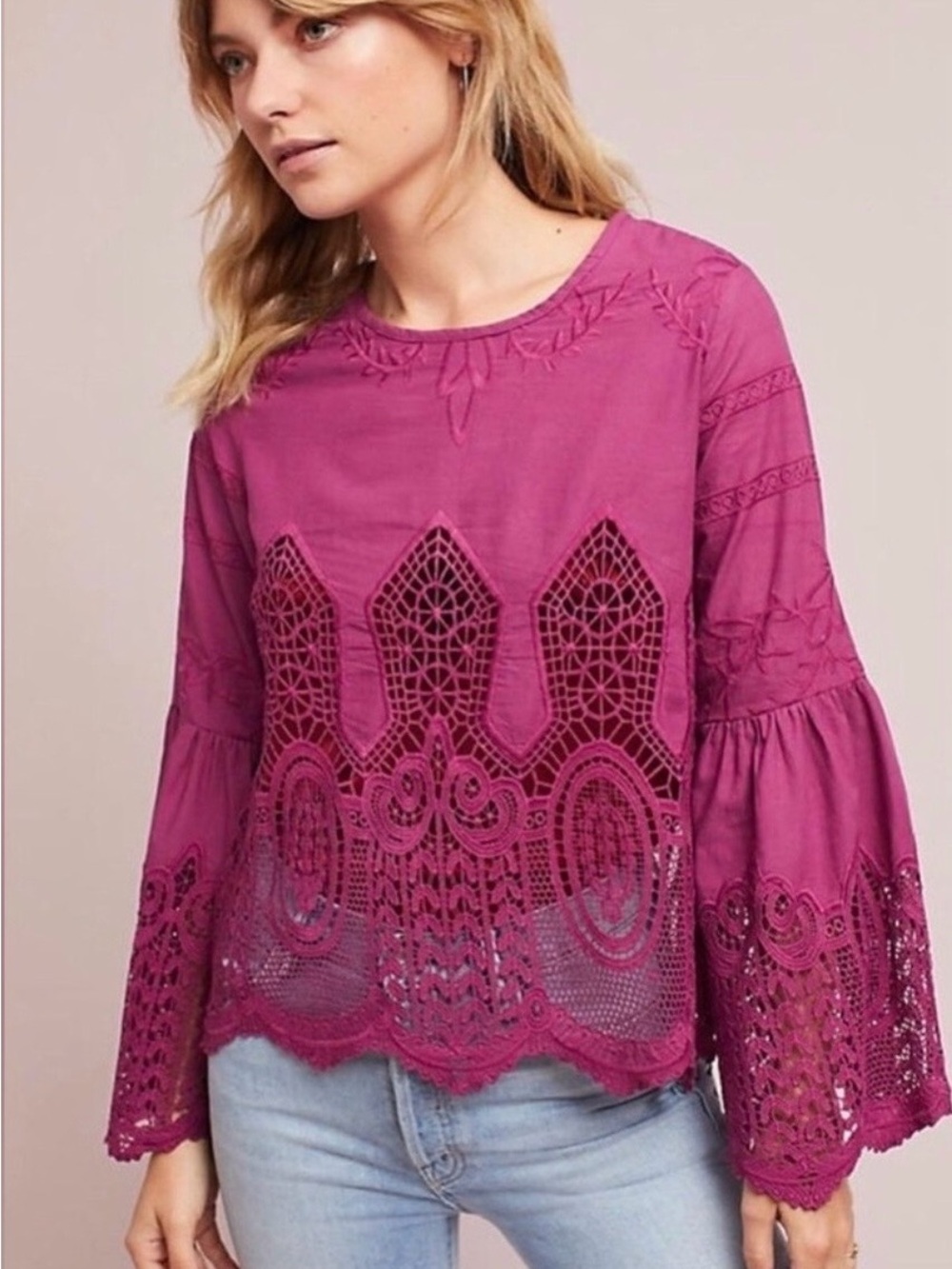 Embroidered Lace Bell-Sleeve Blouse - Magenta